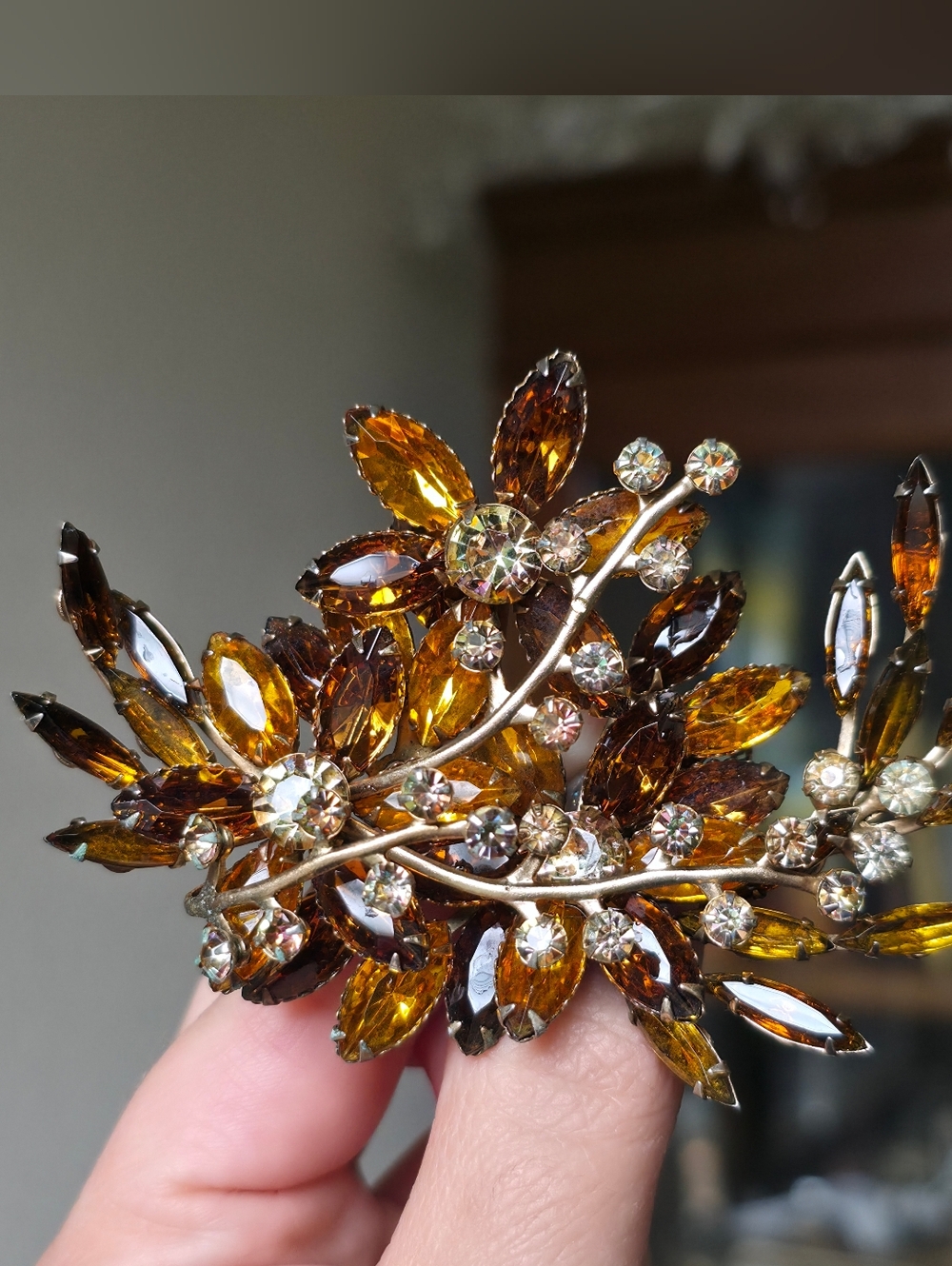 Large Vintage Rhinestone Brooch Statement Brown Orange